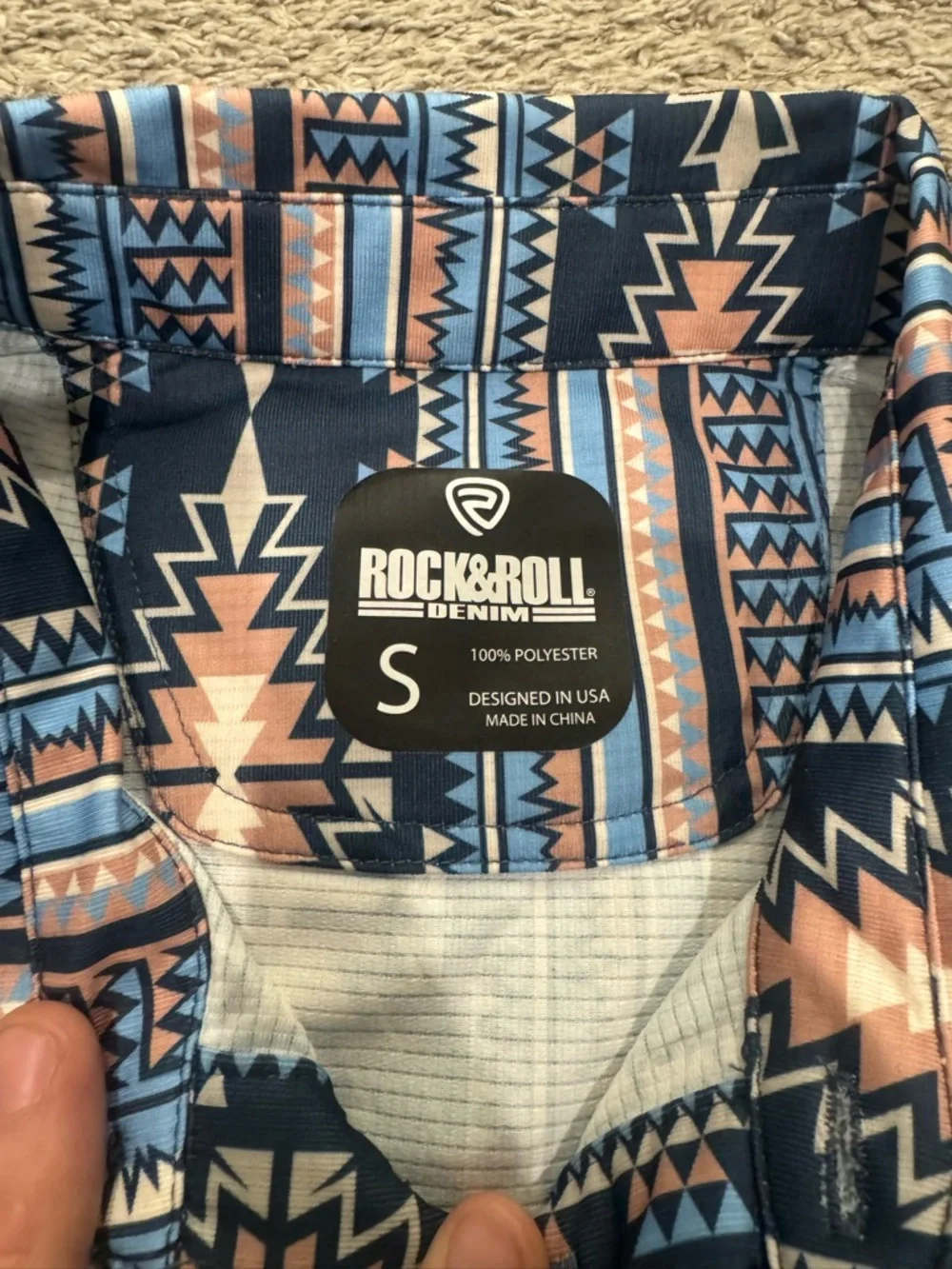 Rock & Roll Denim Men’s Blue & Peach Aztec Print Polo - Picture 1 of 2